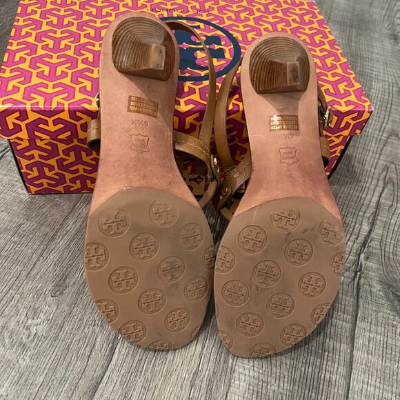 Tory Burch Holly Sandal Kitten Heel Royal Tan Leather NEW - Picture 3 of 3